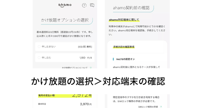 かけ放題オプションを選択し、対応端末の確認をする