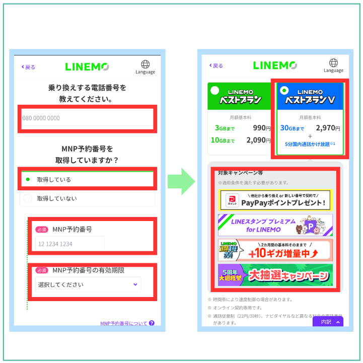 電話番号とMNP予約番号を入力