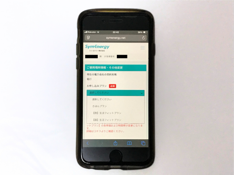 シン・エナジーのプラン選択画面