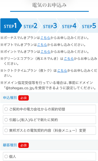 東邦ガスの電気の申し込みフォーム